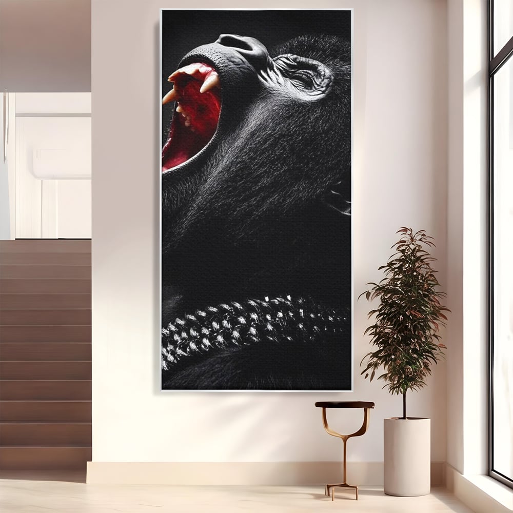 Tablou canvas cu tablou canvas cu gorila furioasa, in rama de aluminiu argintiu